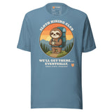 Sloth Hiking Club: Hilltop T-Shirt in Steel Blue, full front view with the printed neck label