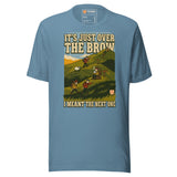 It's Just Over the Brow T-Shirt in Steel Blue, full front view with the printed neck label