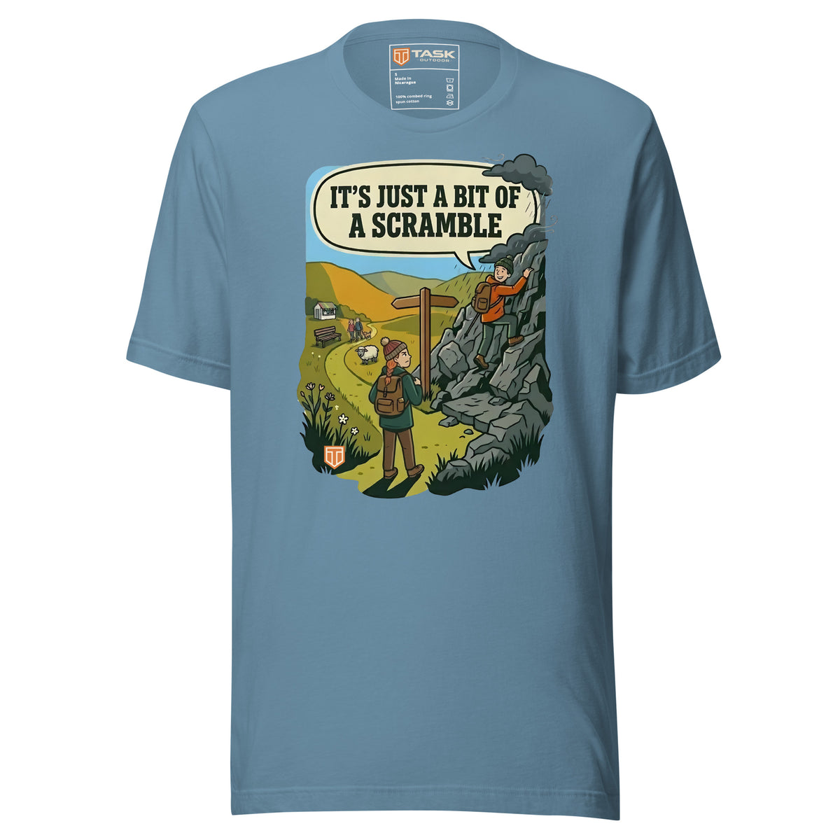 It's Just a Bit of a Scramble T-Shirt in Steel Blue, front view