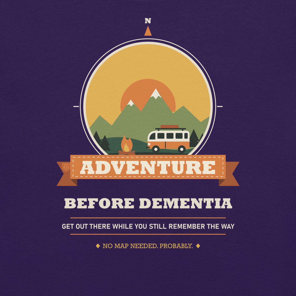 Adventure Before Dementia Campervan T-Shirt in Team Purple, close-up of the front print with the orange Adventure ribbon