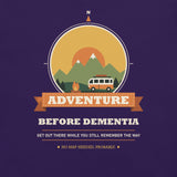 Adventure Before Dementia Campervan T-Shirt in Team Purple, close-up of the front print with the orange Adventure ribbon
