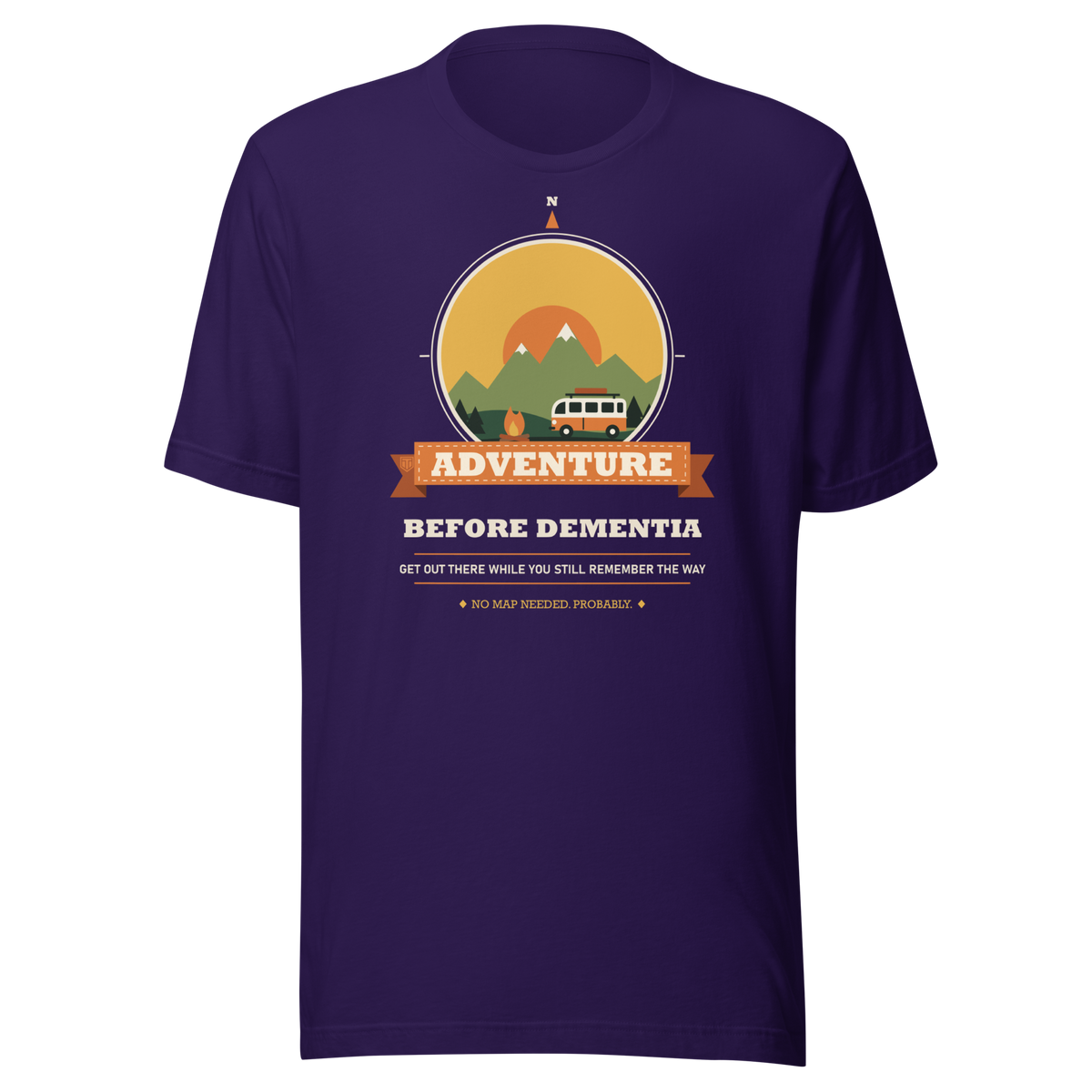 Adventure Before Dementia Campervan T-Shirt in Team Purple, full front view of the shirt