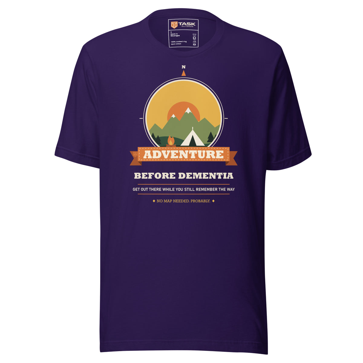 Adventure Before Dementia Camping T-Shirt in Team Purple, front view with the tent and campfire compass print