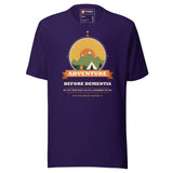 Adventure Before Dementia Camping T-Shirt in Team Purple, front view with the tent and campfire compass print