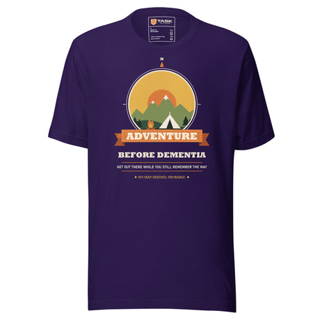Adventure Before Dementia Camping T-Shirt in Team Purple, front view with the tent and campfire compass print