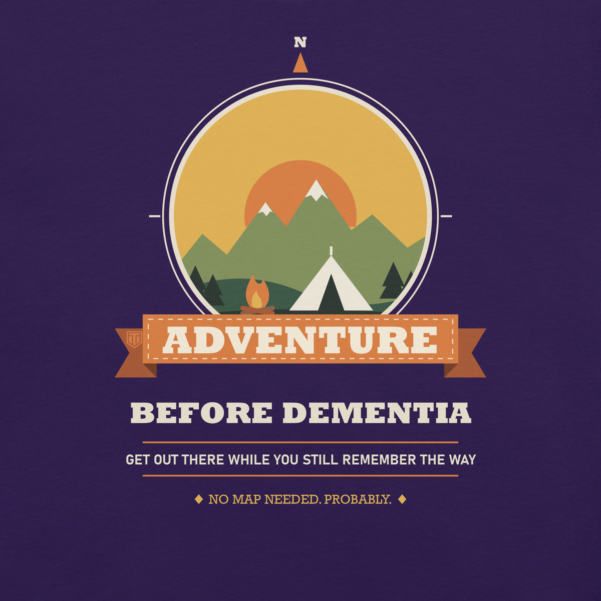 Adventure Before Dementia Camping T-Shirt in Team Purple, close-up of the retro compass and tent print
