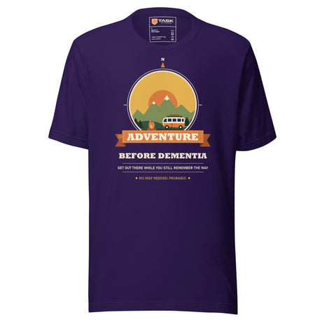 Adventure Before Dementia Campervan T-Shirt in Team Purple, full front view of the shirt