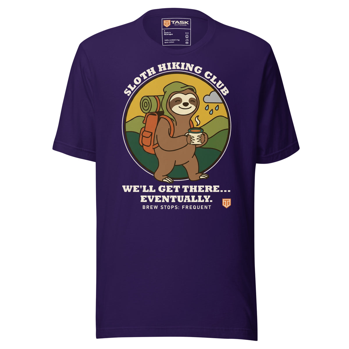 Sloth Hiking Club: Walking T-Shirt in Team Purple, full front view with the printed neck label