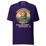 Sloth Hiking Club: Hilltop T-Shirt in Team Purple, full front view with the printed neck label