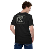 Back view of a man wearing the Vintage Black Drone Pilot T-shirt, showing the large stencil patch print across the upper back