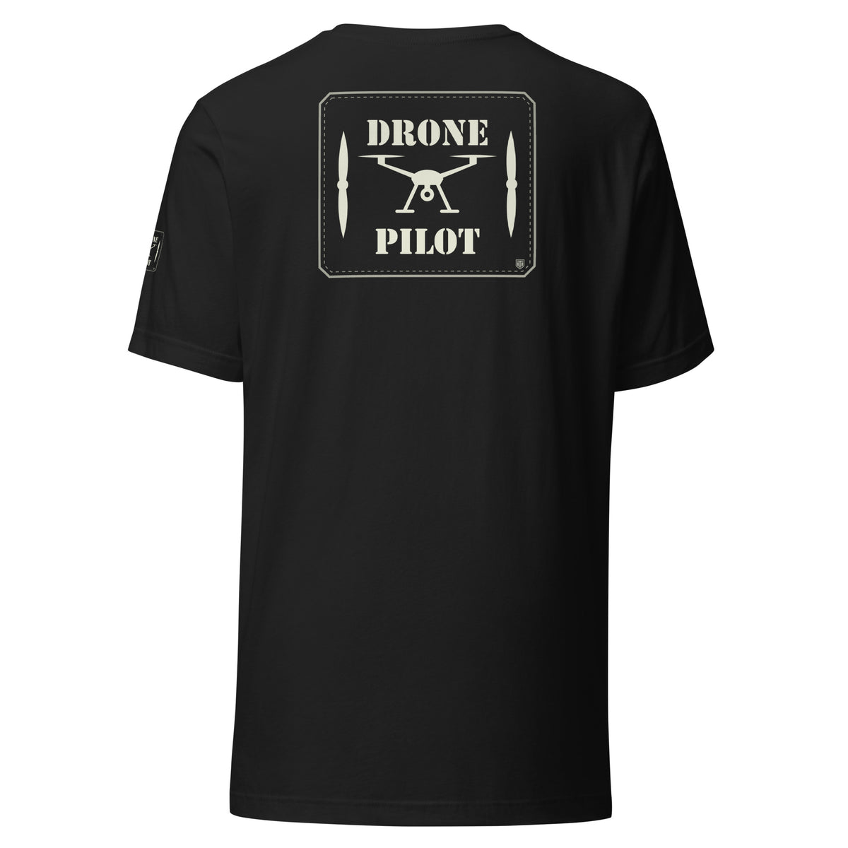 Back of the Vintage Black Drone Pilot T-shirt: DRONE PILOT stencil lettering, a quadcopter and two propeller blades inside a stitched border