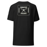 Back of the Vintage Black Drone Pilot T-shirt: DRONE PILOT stencil lettering, a quadcopter and two propeller blades inside a stitched border