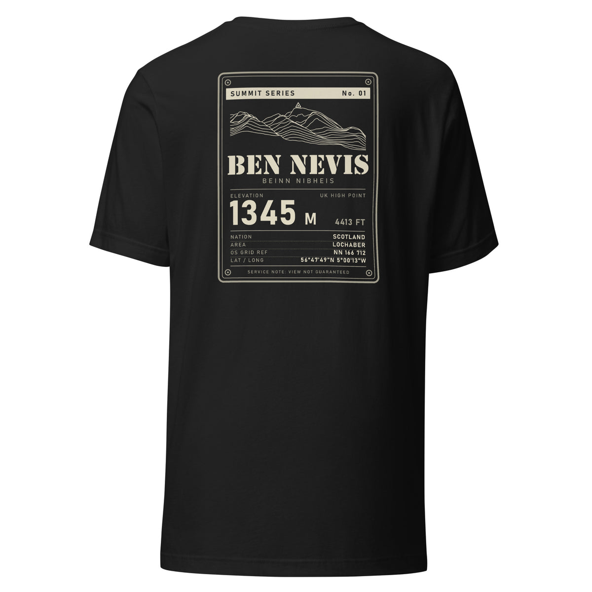 Summit Series Ben Nevis T-Shirt in Vintage Black, full back view of the Ben Nevis 1345 m data-plate print