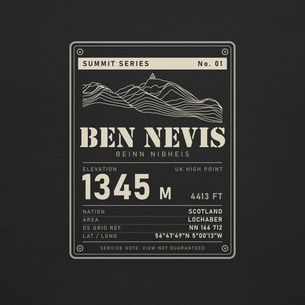 Close-up of the Ben Nevis back print: mountain drawing with trig point, 1345 m, OS grid ref NN 166 712 and coordinates