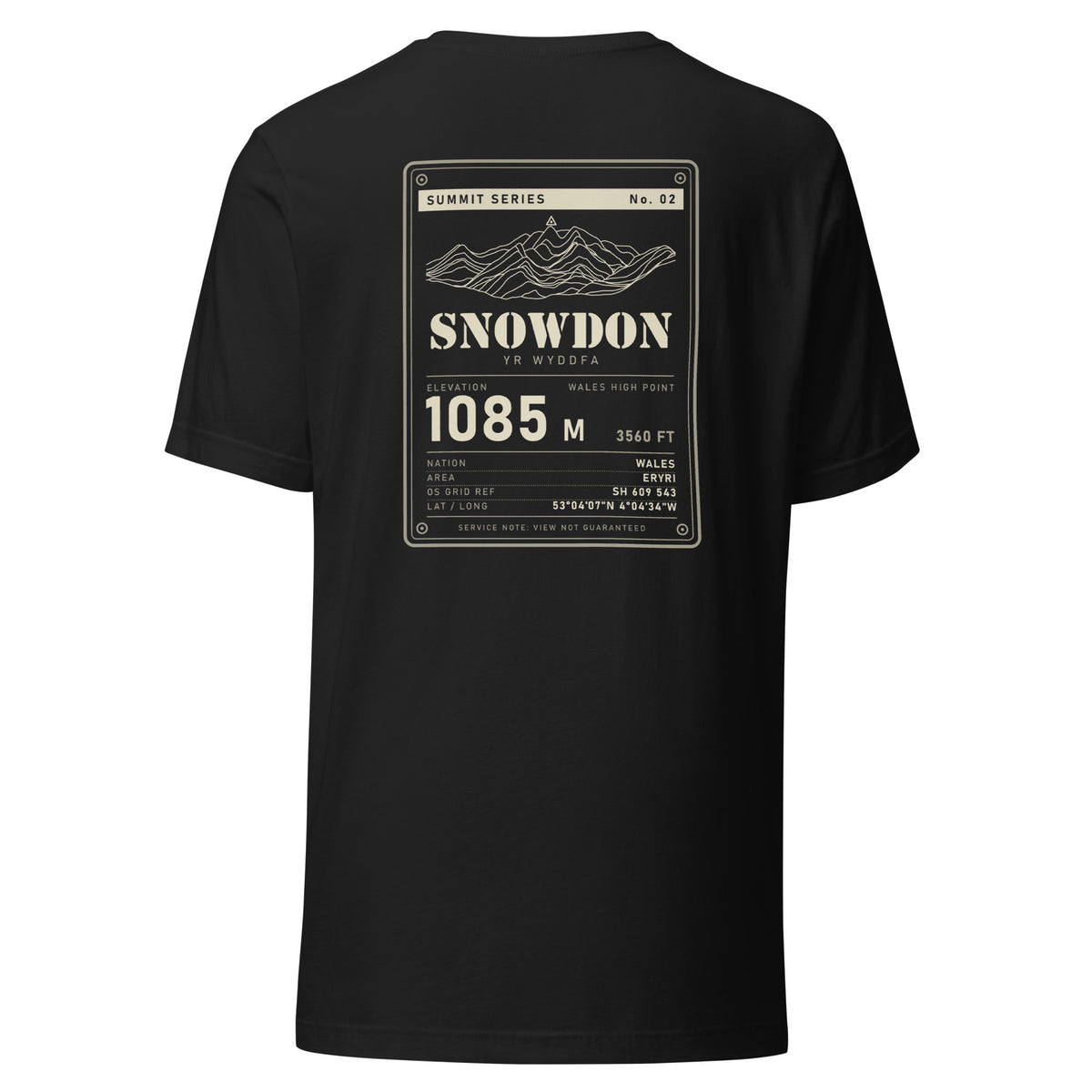 Summit Series Snowdon T-Shirt in Vintage Black, full back view of the Snowdon 1085 m data-plate print