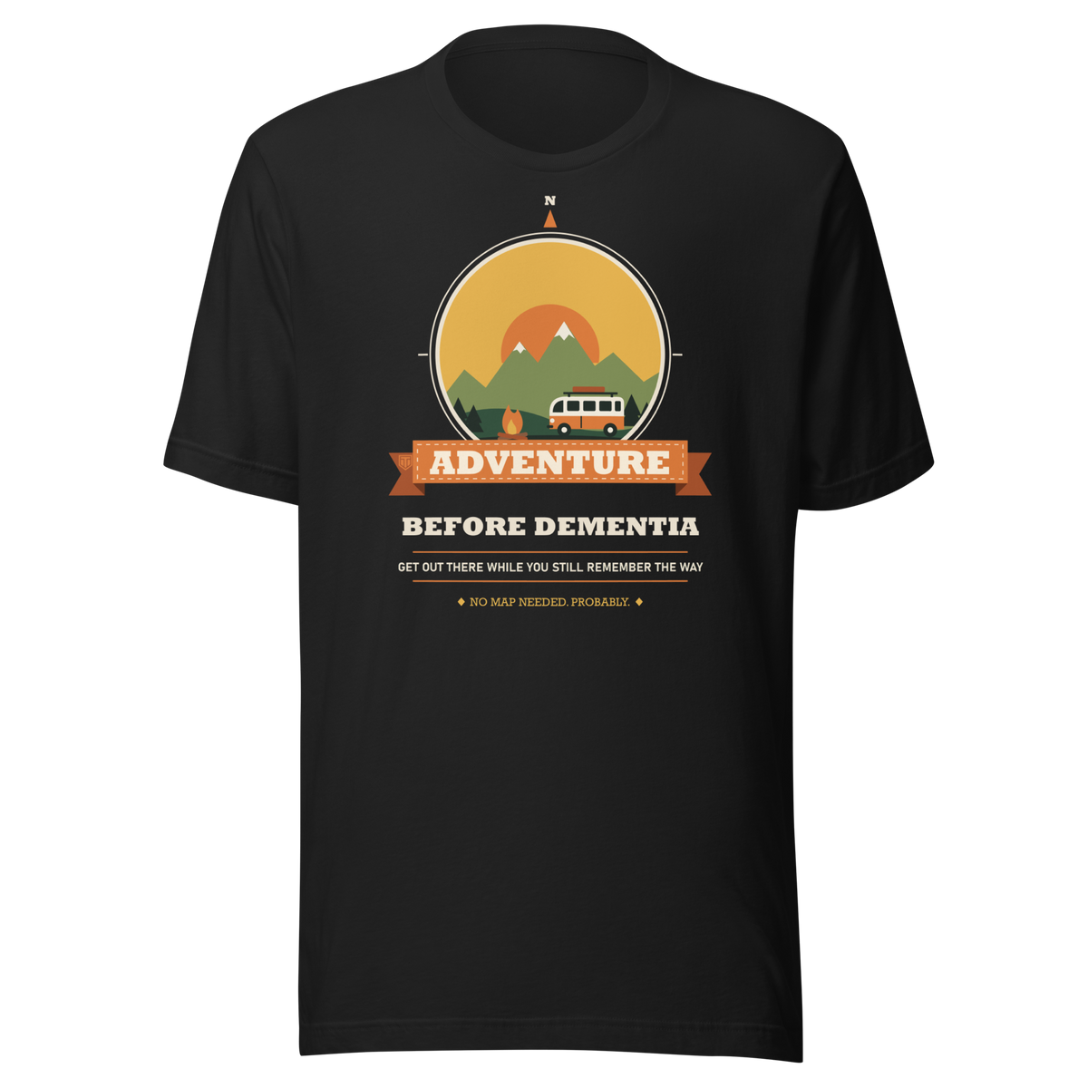 Adventure Before Dementia Campervan T-Shirt in Vintage Black, full front view of the shirt