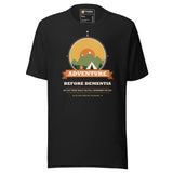 Adventure Before Dementia Camping T-Shirt in Vintage Black, front view with the tent, campfire and mountain compass print
