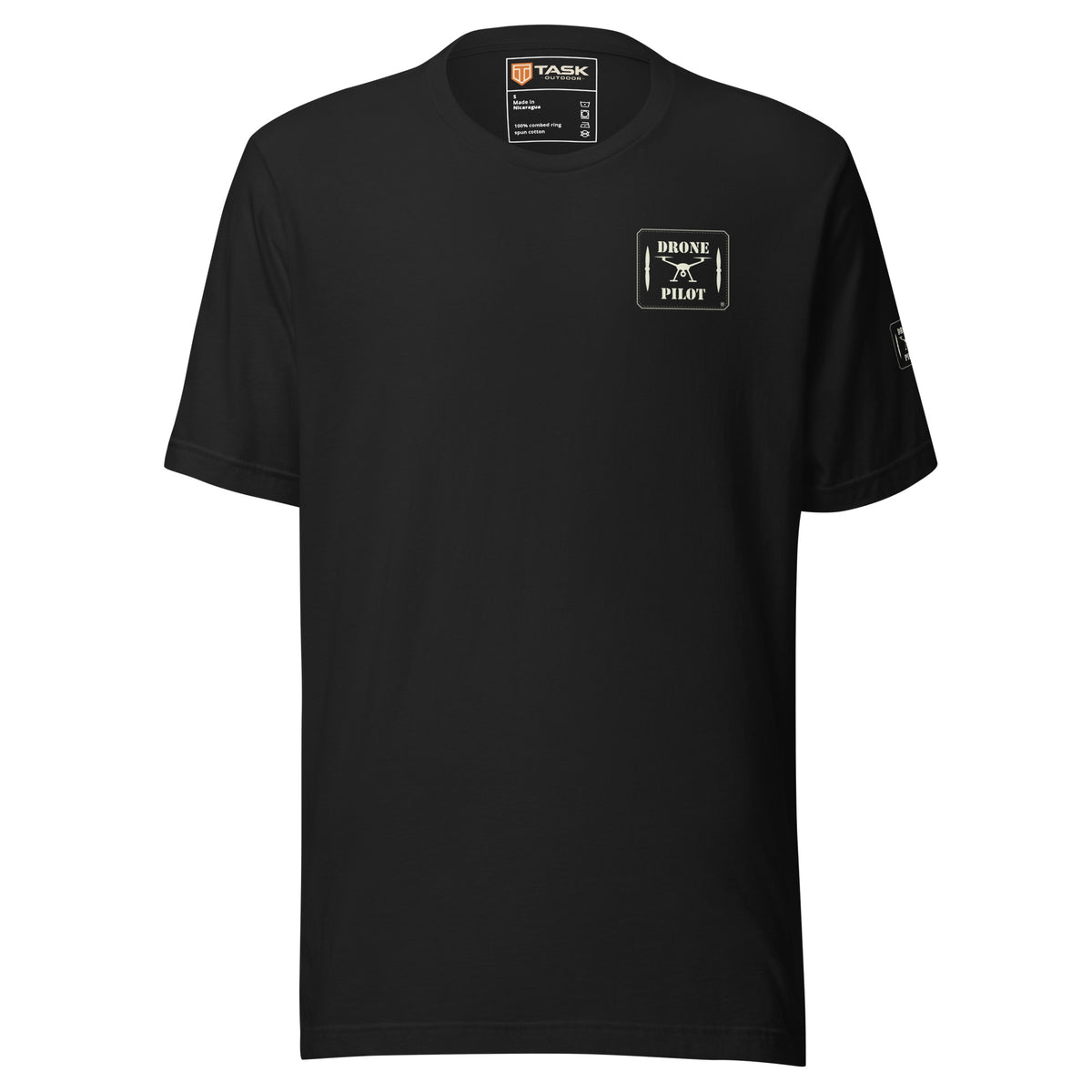 Front of the Vintage Black Drone Pilot T-shirt, with the small patch print on the left chest and the printed Task Outdoor neck label