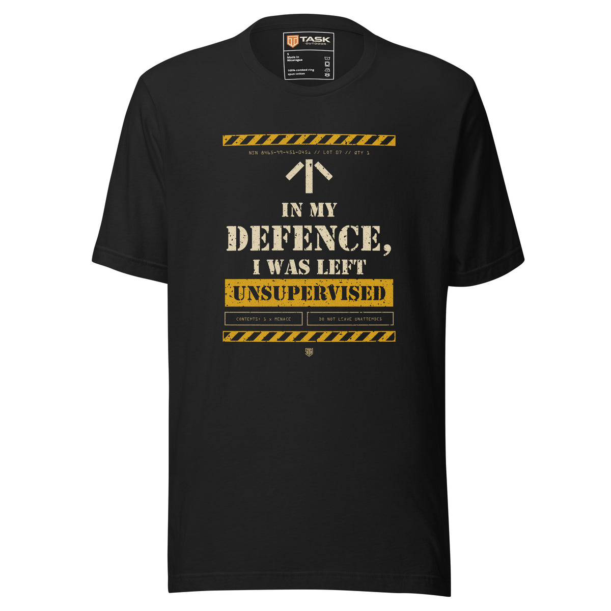 Task "In My Defence, I Was Left Unsupervised" T-shirt in Vintage Black, front view with stencil slogan print