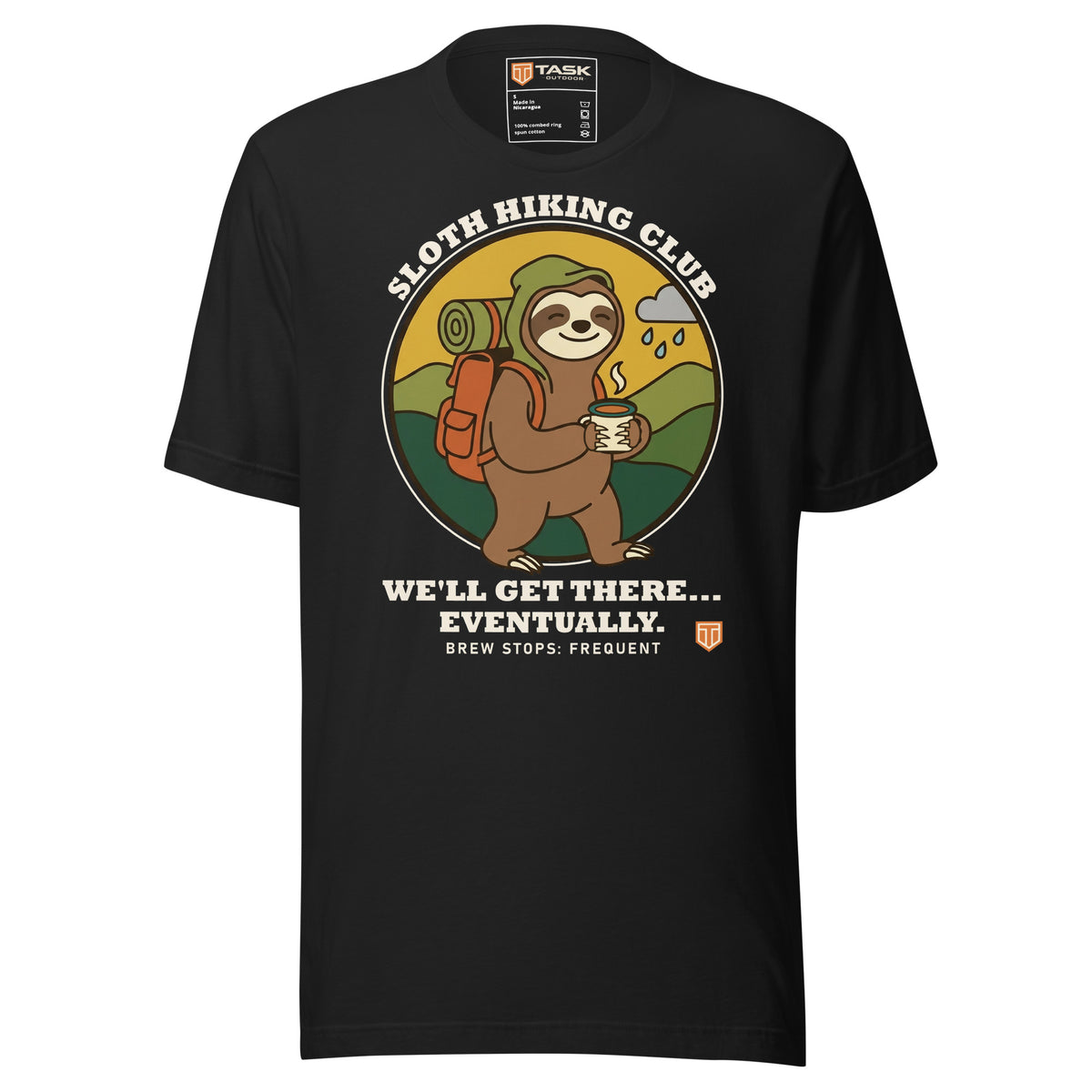 Sloth Hiking Club: Walking T-Shirt in Vintage Black, full front view with the printed neck label