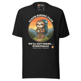 Sloth Hiking Club: Hilltop T-Shirt in Vintage Black, full front view with the printed neck label