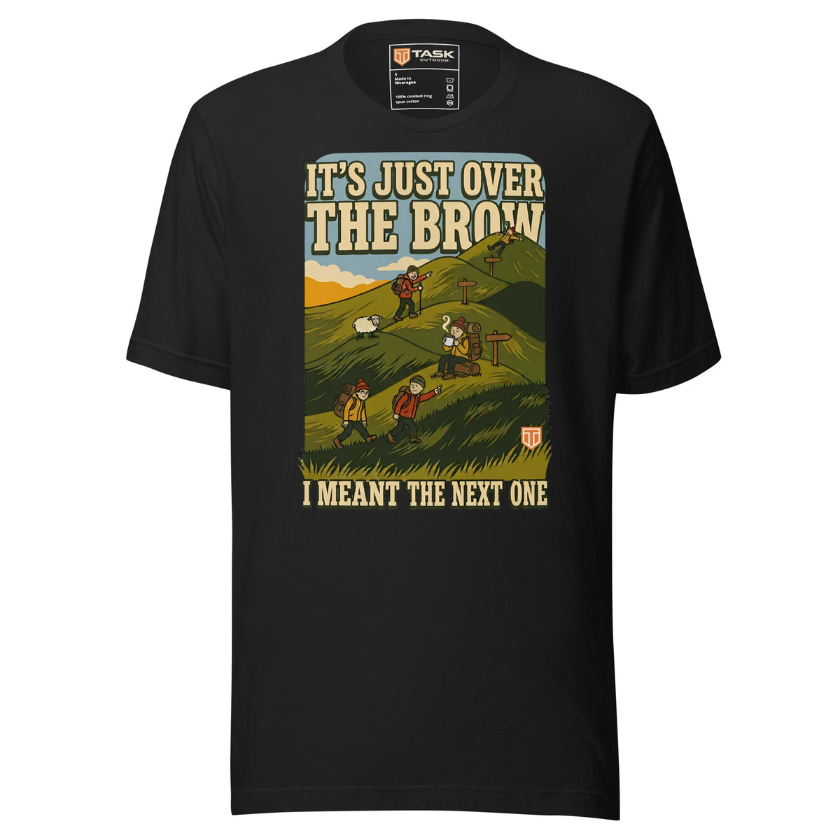 It's Just Over the Brow T-Shirt in Vintage Black, full front view with the printed neck label