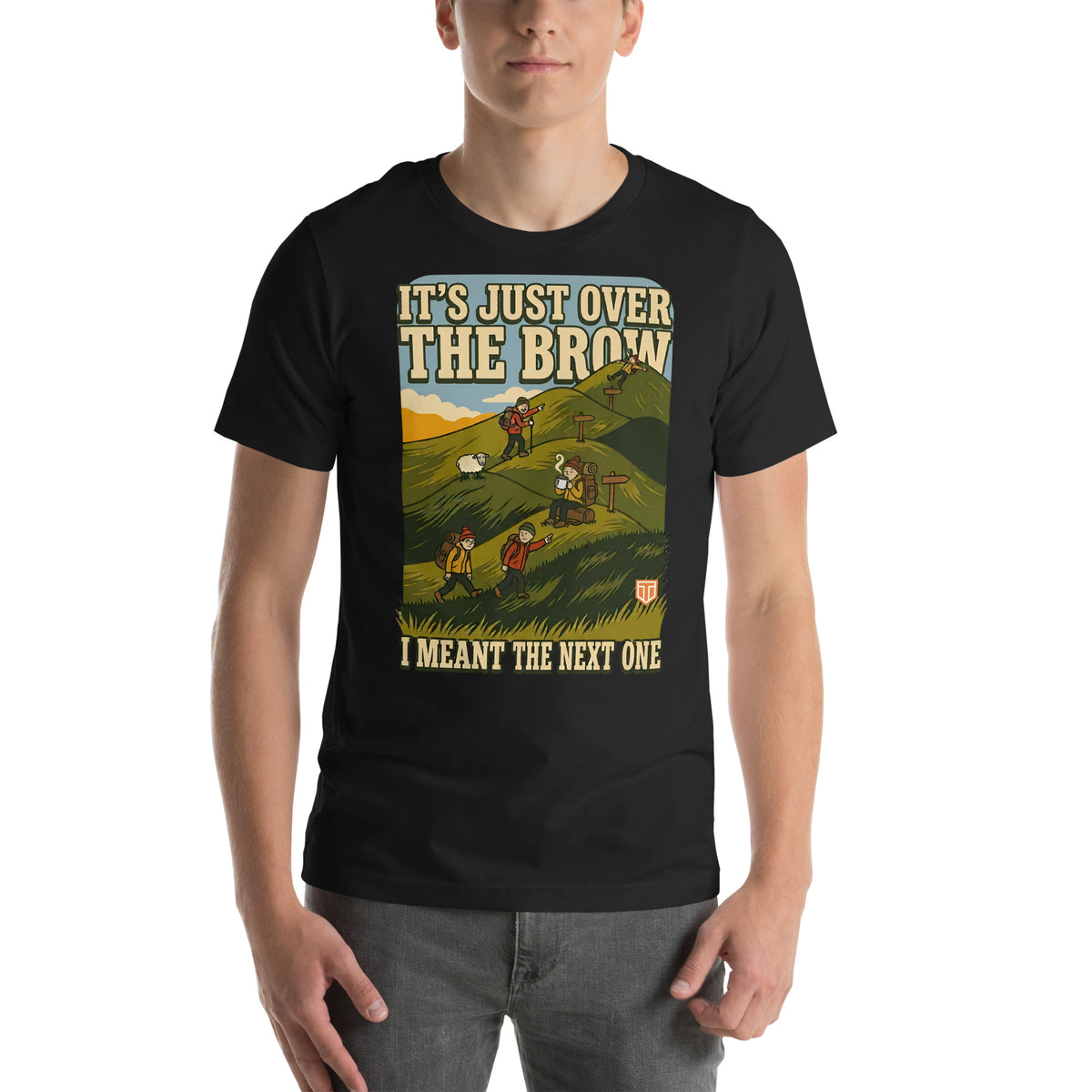 Man wearing the It's Just Over the Brow T-Shirt in Vintage Black, front view