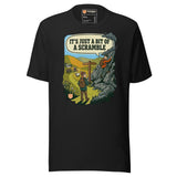 It's Just a Bit of a Scramble T-Shirt in Vintage Black, full front view with the printed neck label