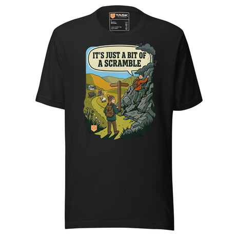 It's Just a Bit of a Scramble T-Shirt in Vintage Black, full front view with the printed neck label
