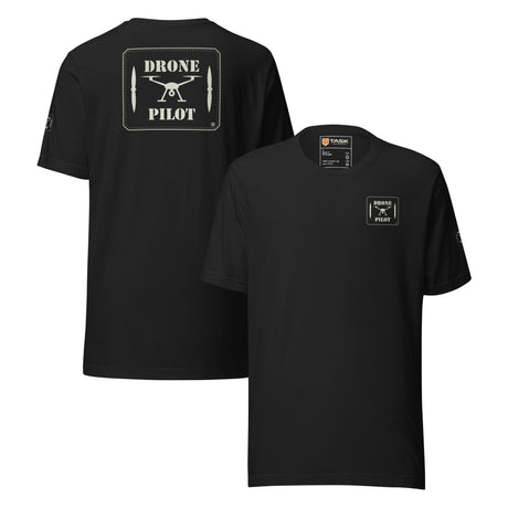 Task Drone Pilot T-shirt in Vintage Black, back and front, with a large stencil patch print on the back and a small one on the left chest