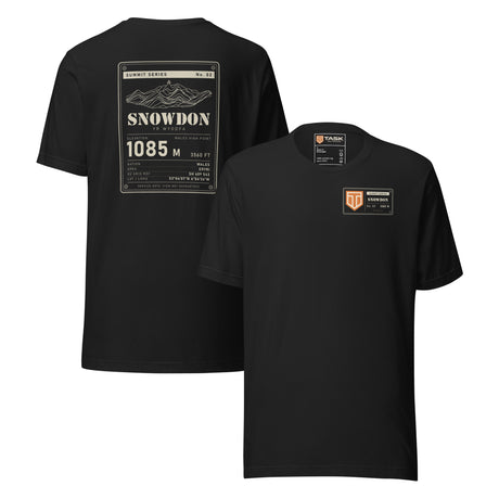 Summit Series Snowdon T-Shirt in Vintage Black, back and front: data-plate back print and left-chest badge