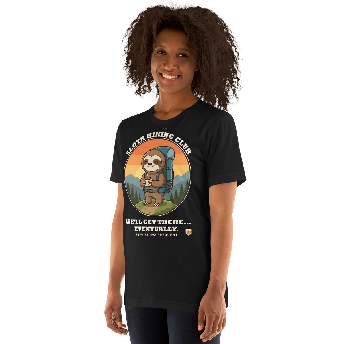 Woman wearing the Sloth Hiking Club: Hilltop T-Shirt in Vintage Black, three-quarter view