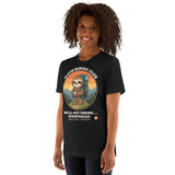 Woman wearing the Sloth Hiking Club: Hilltop T-Shirt in Vintage Black, three-quarter view
