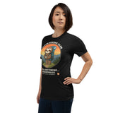 Woman with her hand on her hip wearing the Sloth Hiking Club: Hilltop T-Shirt in Vintage Black