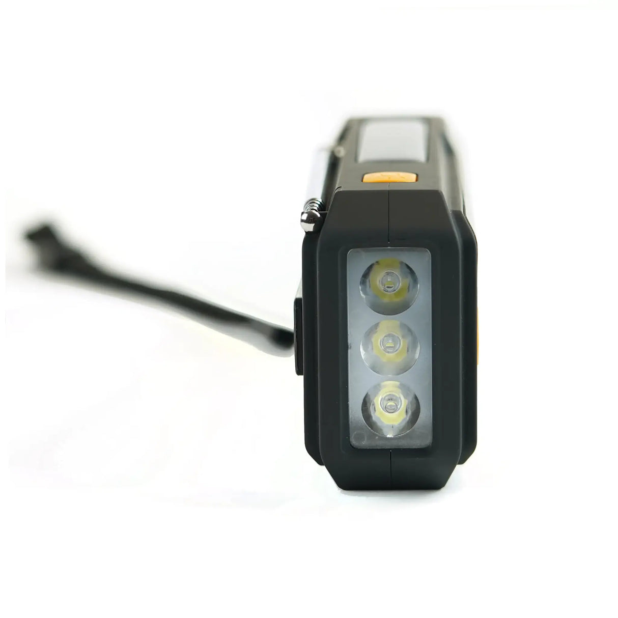 Highlander Universal Survival Emergency Hub radio from the side with torch on white background