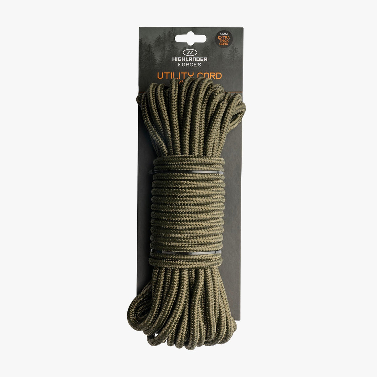 Highlander Utility Rope 9mm x 15m on its Highlander Forces utility cord packaging card