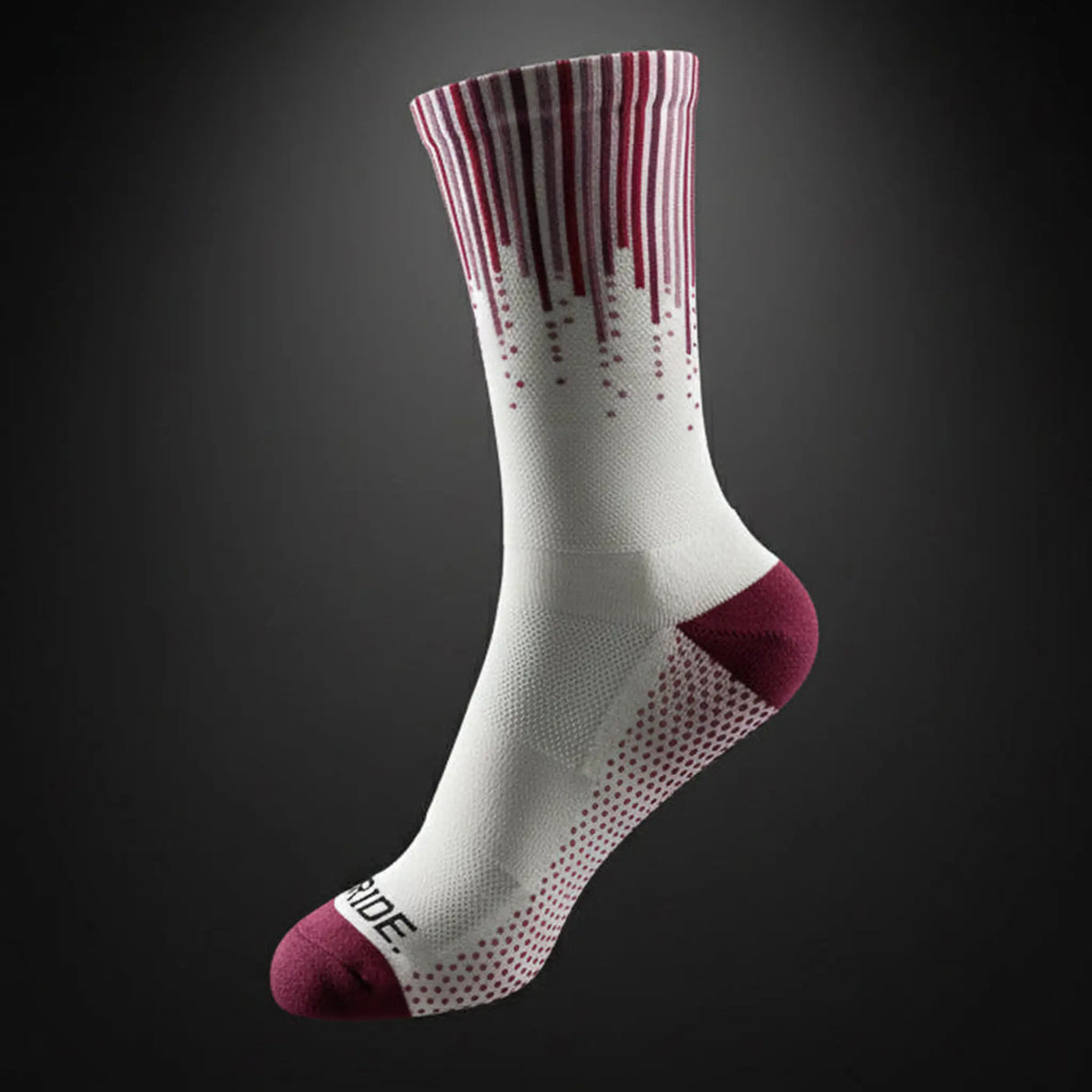 Stride North East Performance Running Socks in Violet Velocity from the side on black background