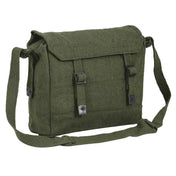 Highlander Canvas Webbing Haversack in Olive Green - angled view showing front strap closure and adjustable shoulder strap on white background