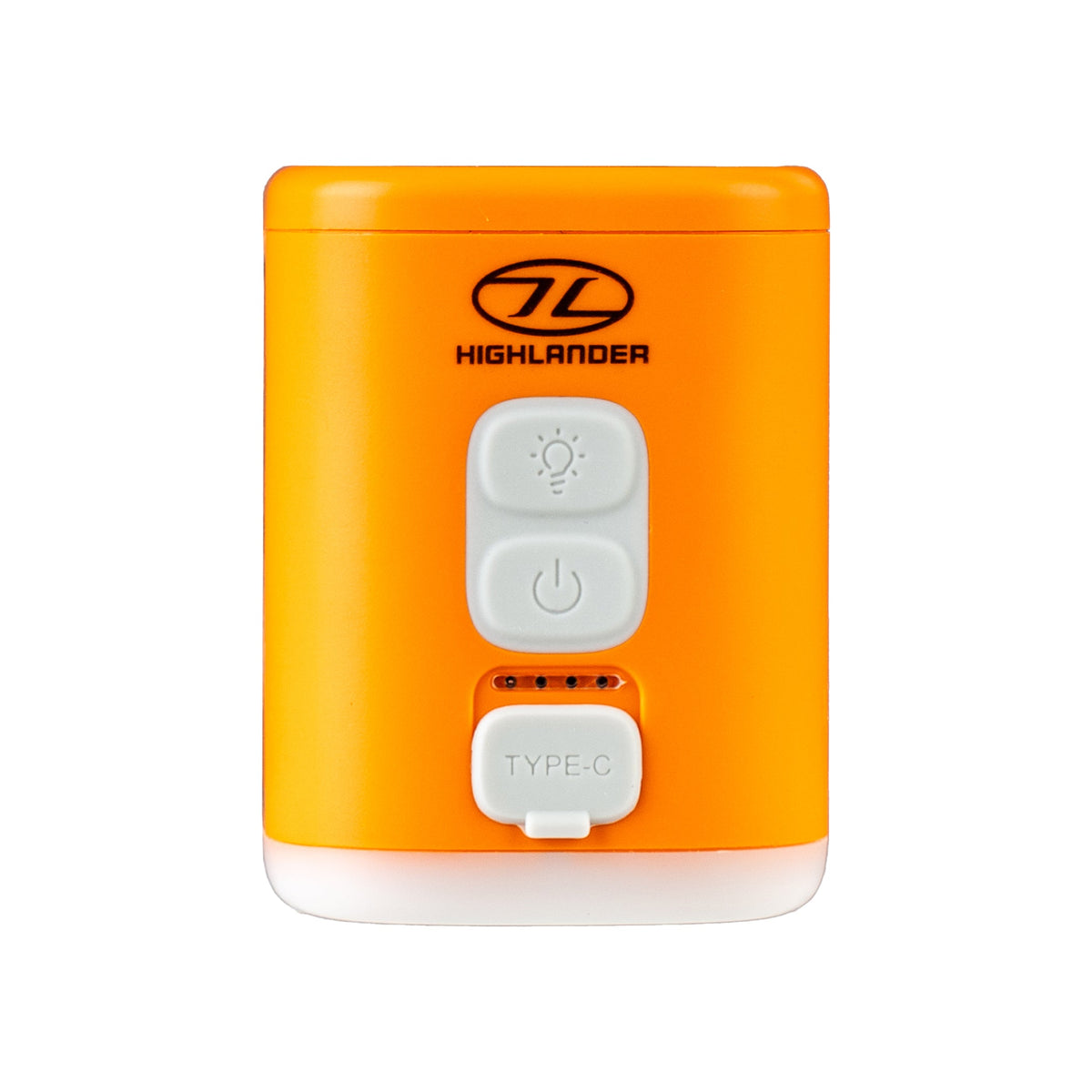 Highlander Wee Banshee V2 air pump in orange, front view with light and power buttons above the covered USB-C port