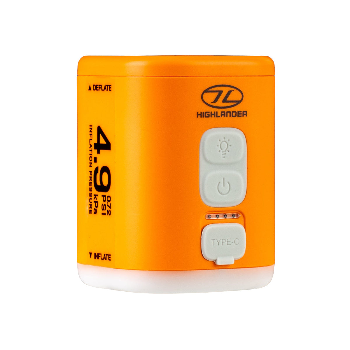 Highlander Wee Banshee V2 air pump side printed with 4.9kPa 0.72psi inflation pressure and inflate and deflate arrows