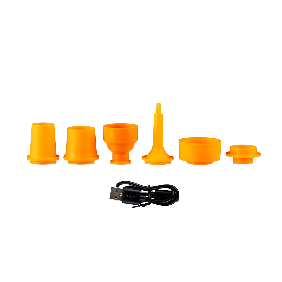 Highlander Wee Banshee V2 six orange nozzle adaptors and USB-A to USB-C charging cable