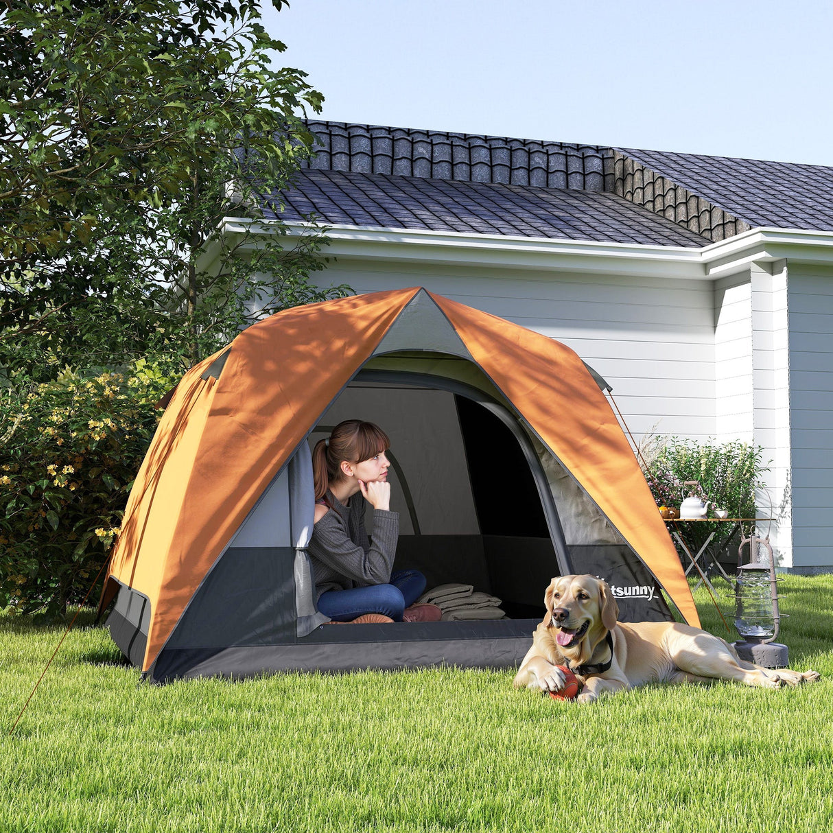 Outsunny 3-4 Person Camping Tent - Orange & Grey alternate front angle