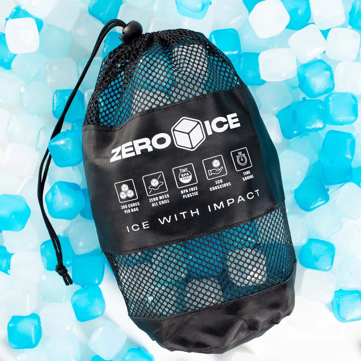 Zero Ice mesh bag lying on a bed of blue and clear reusable cubes