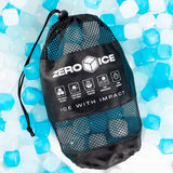 Zero Ice mesh bag lying on a bed of blue and clear reusable cubes
