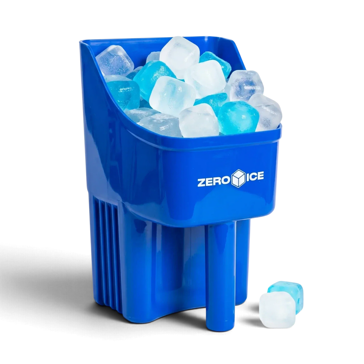 Blue Zero Ice scoop filled with blue and clear reusable ice cubes