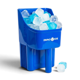 Blue Zero Ice scoop filled with blue and clear reusable ice cubes