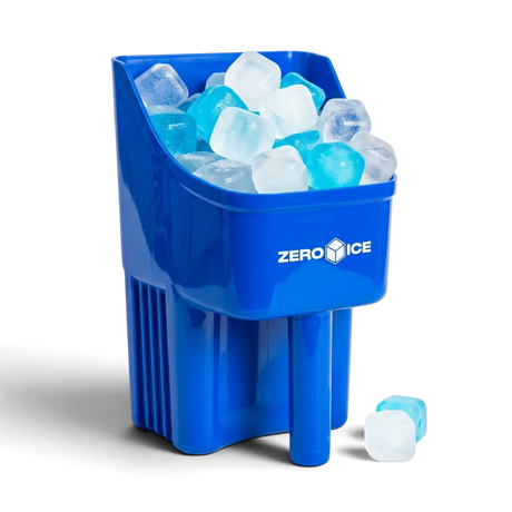 Blue Zero Ice scoop filled with blue and clear reusable ice cubes