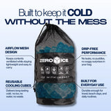 Zero Ice infographic for the Mini cubes: airflow mesh bag, drip-free, reusable and built for everyday use