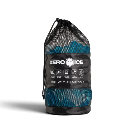 Zero Ice Reusable Cubes in their black mesh drawstring bag, blue cubes showing through the mesh