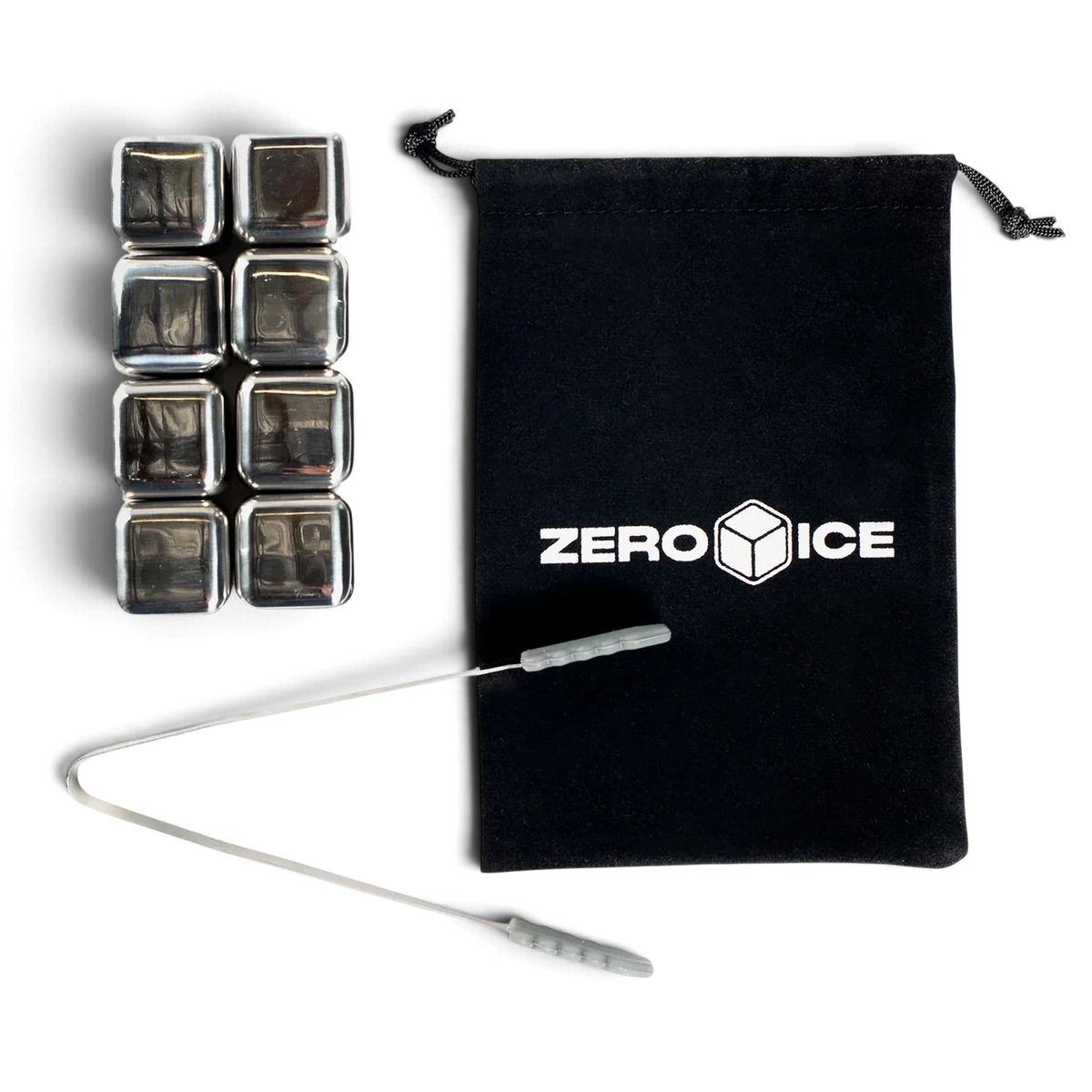 Eight Zero Ice stainless steel cubes beside mini tongs and a black Zero Ice drawstring pouch